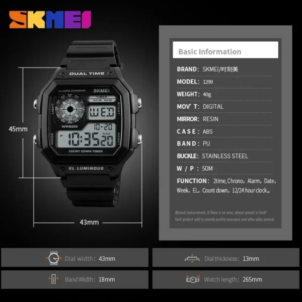 SKMEI 1299 Fashion Men PU Strap Multifunction Waterproof Watches Alarm Male Digital Watch reloj hombre Outdoor Sport Watch - Image 6