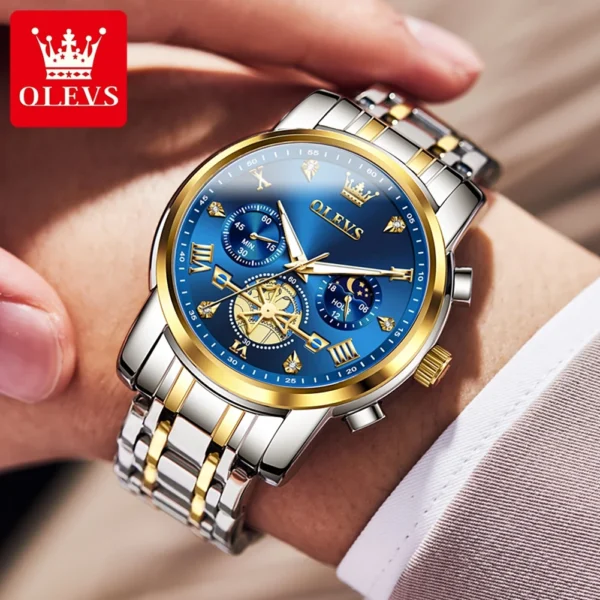 OLEVS 2856 Quartz Watch for Men Flywheel Skeleton Chronograph Moon Phase Multifunctional Stainless steel Men's Wristwatches - Image 4
