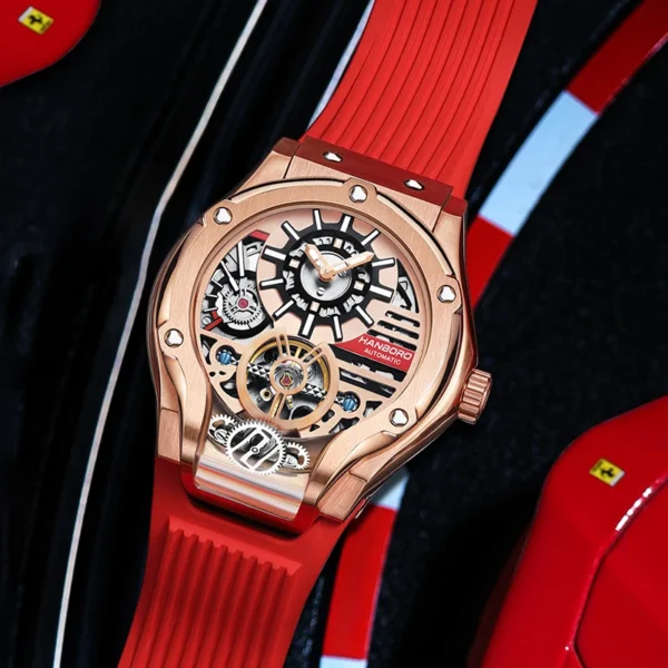 HANBORO Car Design Mechanic Watch Luxury Men Watches Mechanical Wristwatches Earth Skeleton Flywheel Watch Orologio Uomo - Image 2