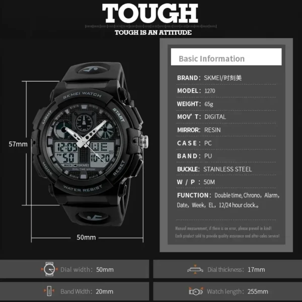 SKMEI 1270 Men Digital Double Time Chronograph Watches 50M Watwrproof Week Display Wristwatches Relogio Masculino Sports Watch - Image 6