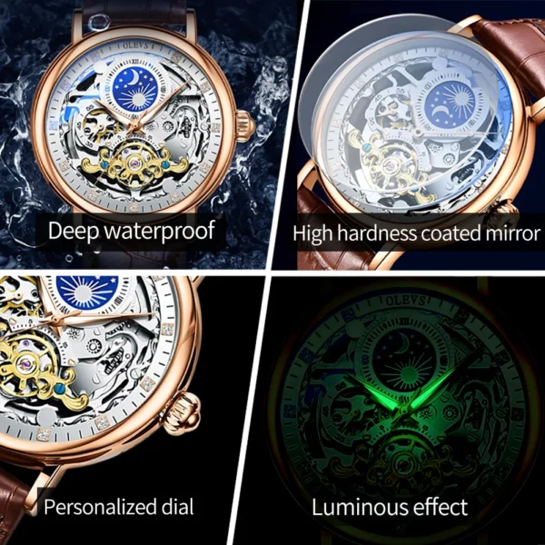 OLEVS Moon Phase Mechanical Watch Men with Dual Time Zone Display Waterproof Automatic Skeleton Mens Watches Top Brand Luxury - Image 4