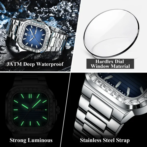 POEDAGAR Top Brand Luxury Watch for Men Waterproof Luminous Date Week Man Wristwatch Stainless Steel Square Quartz Men's Watches - Image 4