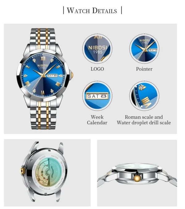 NIBOSI Luxury Watch for Man Rhombus Mirror Mens Watches Automatic Date Week Waterproof Luminous Wristwatch Relogio Masculino - Image 3