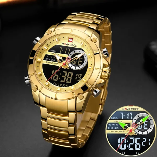 Luxury Brand NAVIFORCE Sport Watches For Men Fashion Gold Quartz WristWatch Steel Band Digital Chronograph Waterproof Clock 9163 - Image 6