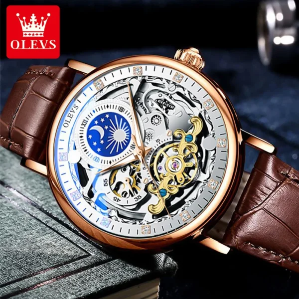 OLEVS Moon Phase Mechanical Watch Men with Dual Time Zone Display Waterproof Automatic Skeleton Mens Watches Top Brand Luxury - Image 3