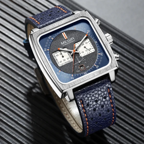 MEGIR Fashion Blue Leather Watch Men Top Brand Luxury Square Dial Chronograph Military Quartz Watches for Man with Date 24-hour - Image 3