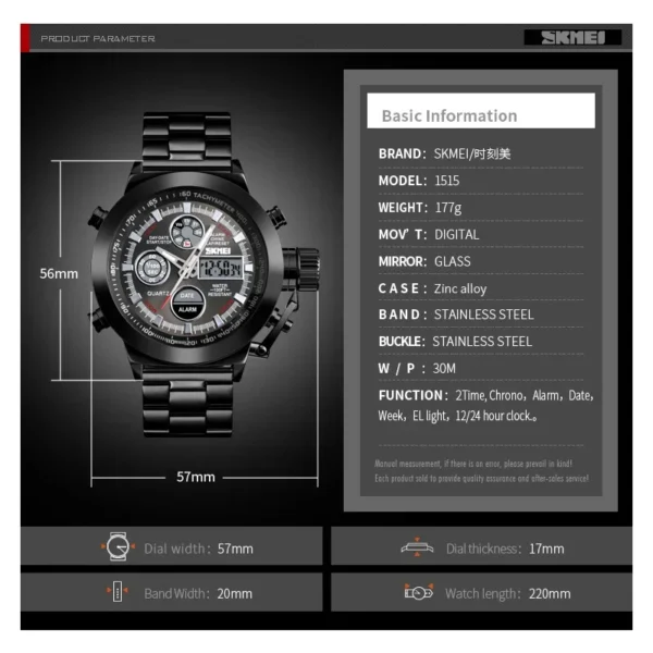 SKMEI Mens Sport Watches Luminous Waterproof Digital Quartz Watch 3Bar Men Stainless Steel Military LED Wristwatch Male Clock - Image 4