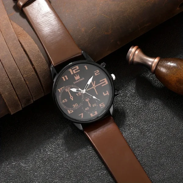 Kegllect 5PCS Men Quartz Watch Round Dial Leather Strap Bracelet Set Ideal Choice for Gifts(Without Box) - Image 6