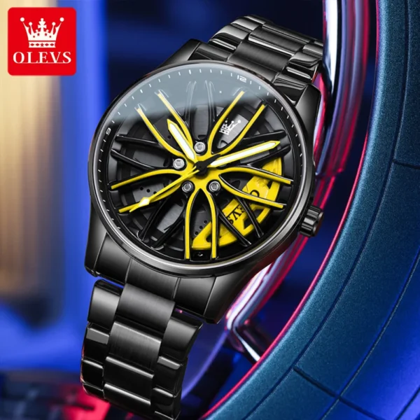 OLEVS Rotation Rim Hub Sports Car Watch Men Watches Waterproof Stainless Steel Wheel Quartz Wristwatch Men with Luminous Hands - Image 3