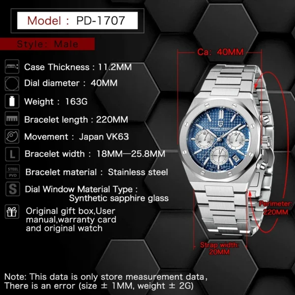 PAGANI DESIGN 2024 Fashion Sports Men's Quartz Watch PD1707 VK63 Stainless Steel Sapphire Waterproof Chronograph watches for men - Image 6