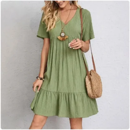 Women Summer Peplum Dresses Spring V-Neck Short Sleeve Loose Waist Ruffle Fit Flare Vocation Dresses sinsa store